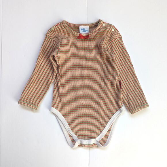 Vtg Oshkosh B'gosh Baby Girls 12m Onesie Red Green Stripe Waffle 90s Christmas - Picture 1 of 5